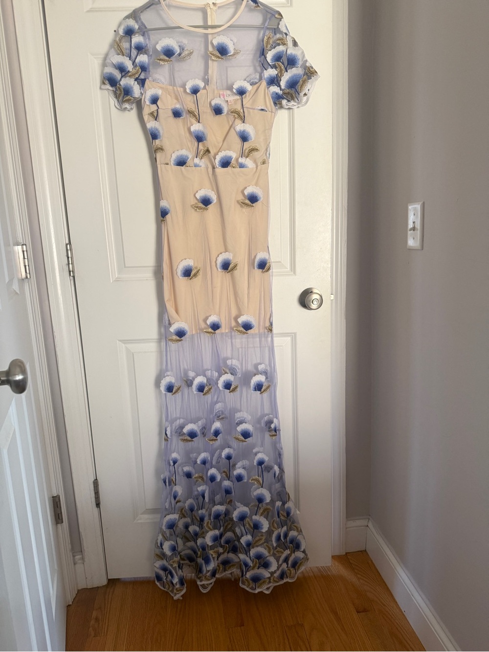 NWOT - L'ATISTE Beige Sheer Maxi Dress with Blue Floral Embroidery